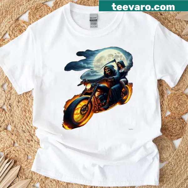 Graphic of a reaper on a skateboard in a dark edgy design t-shirt