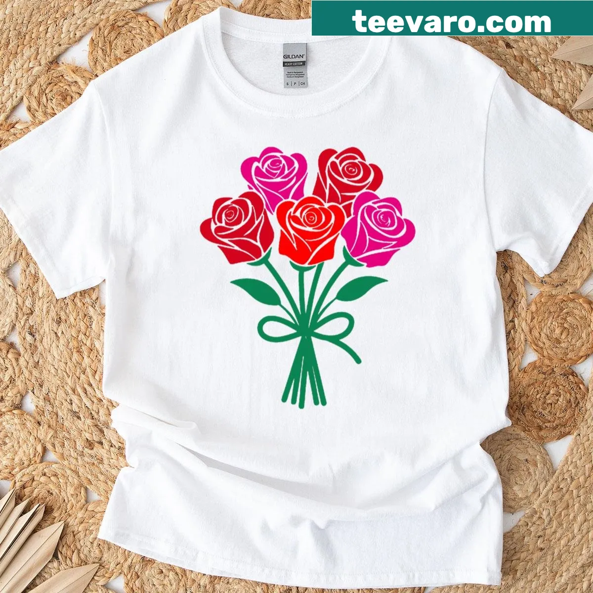 Artistic T-shirt featuring a bunch of red roses design — on a men's t-shirt