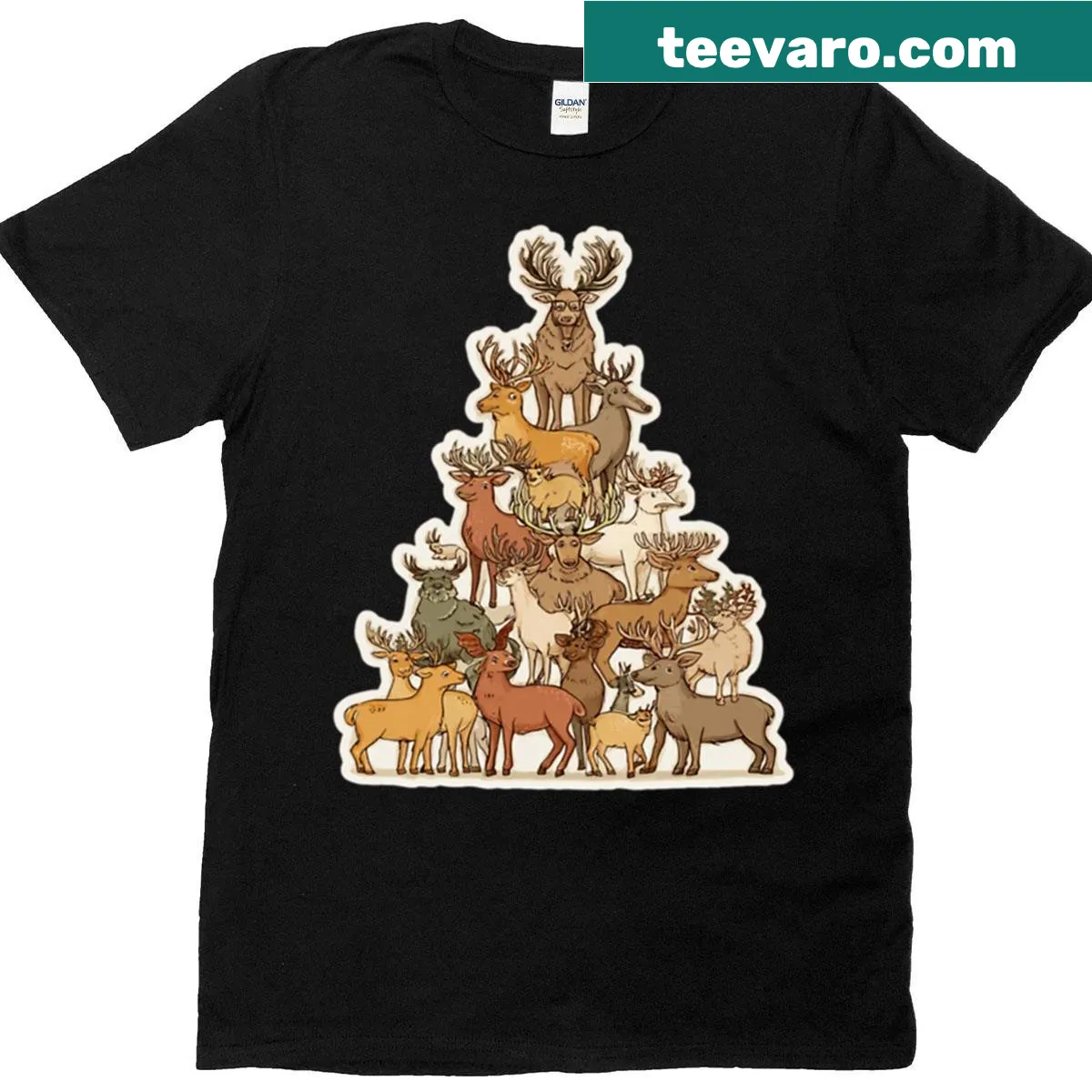 Oversized reindeer Christmas tree t-shirt — on a men's t-shirt