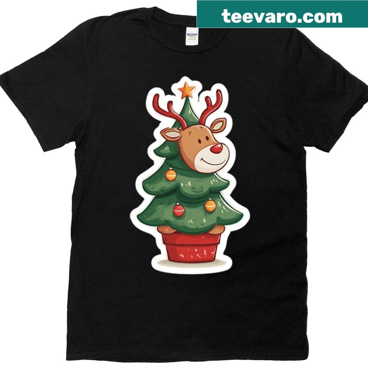 Cartoon reindeer on top of Christmas tree t-shirt — on a men's t-shirt