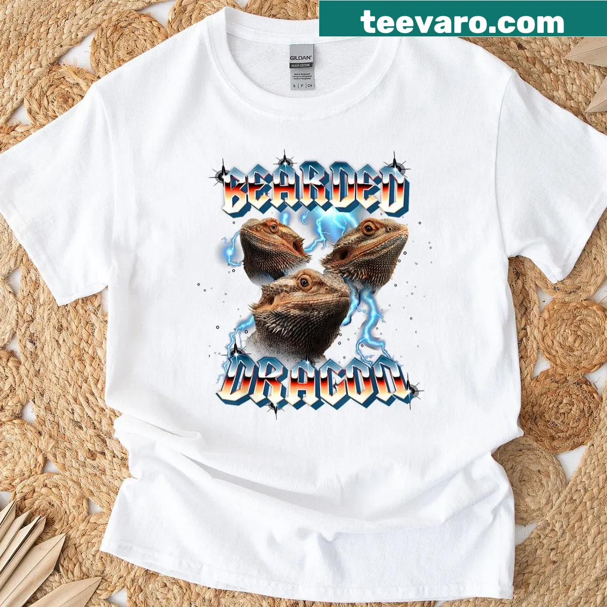 Retro 80s glam rock T-shirt with bearded dragon graphic — on a men's t-shirt