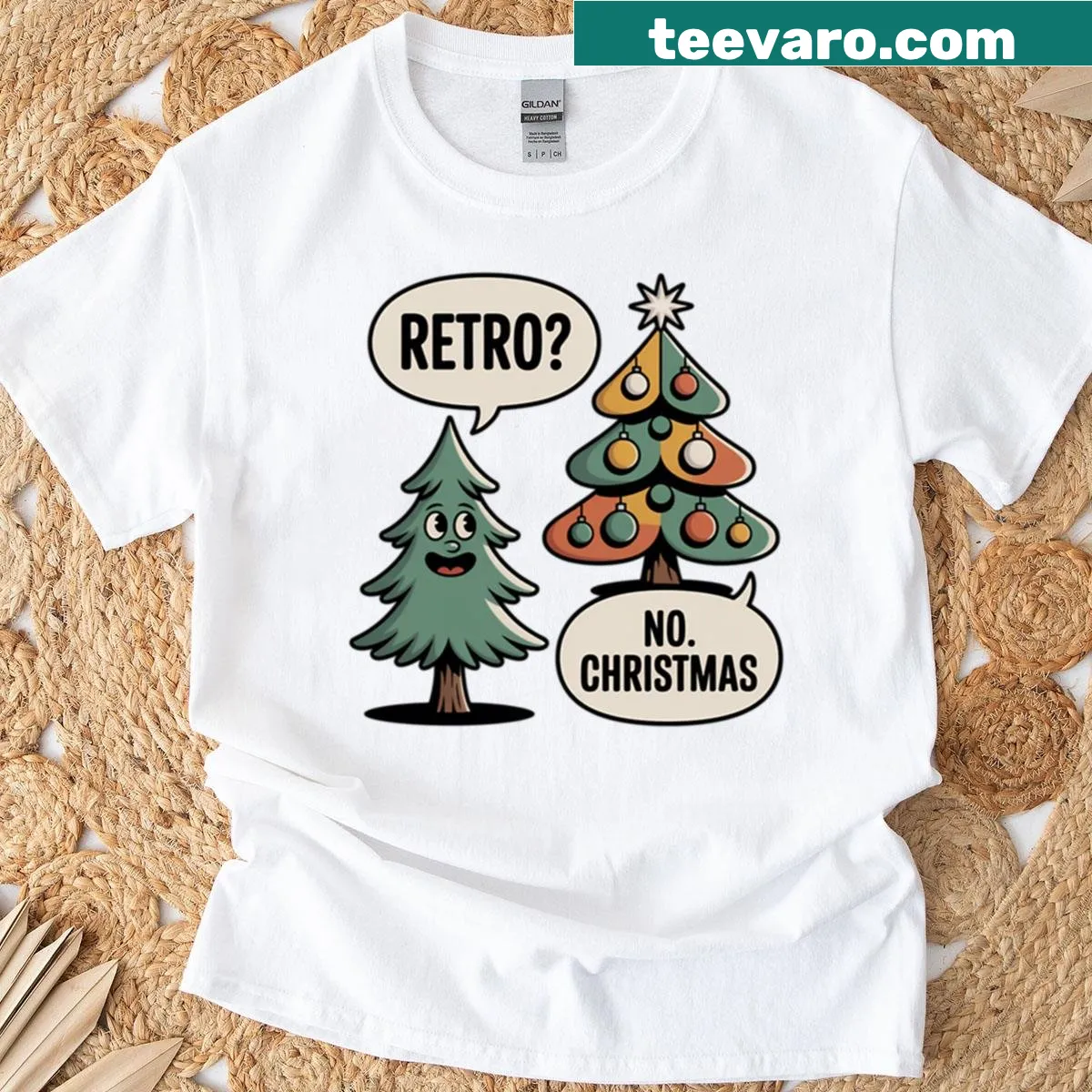 Oversized holiday shirt with a humorous retro cartoon Christmas tree design. — on a men's t-shirt