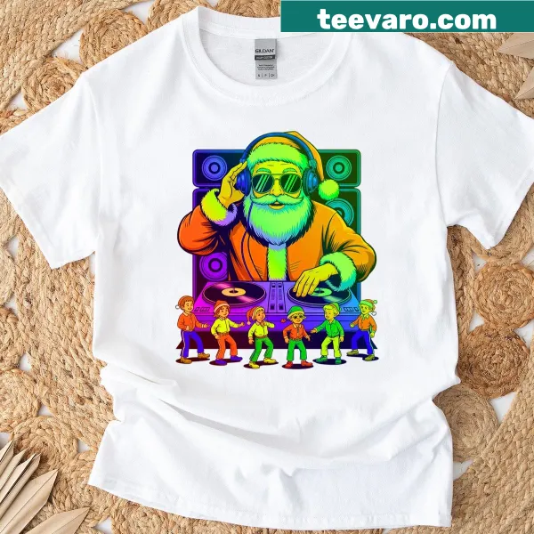 Retro design featuring Santa DJing at a Christmas rave
