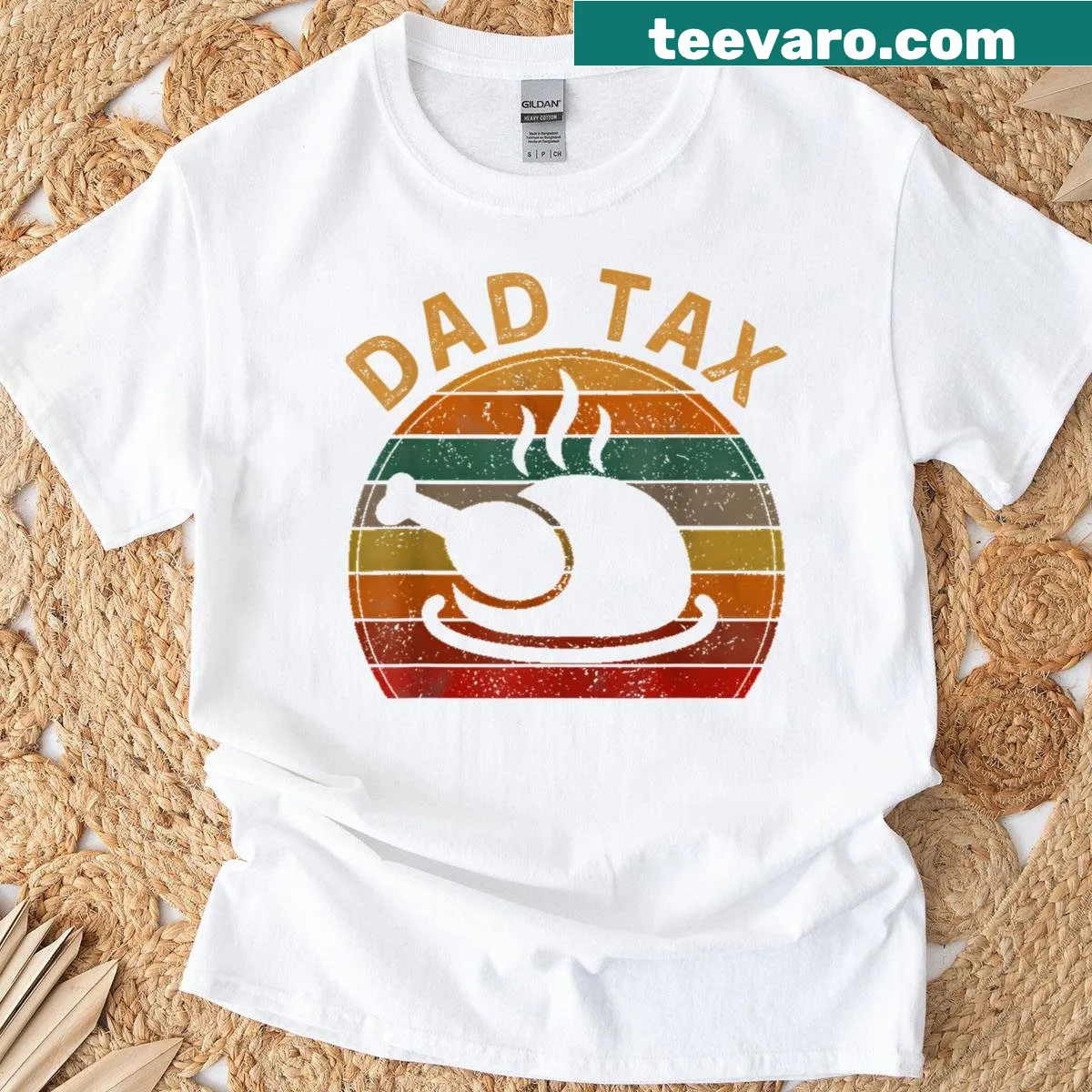 Funny Thanksgiving T-shirt illustrating 'Dad Tax' with a turkey. — on a men's t-shirt