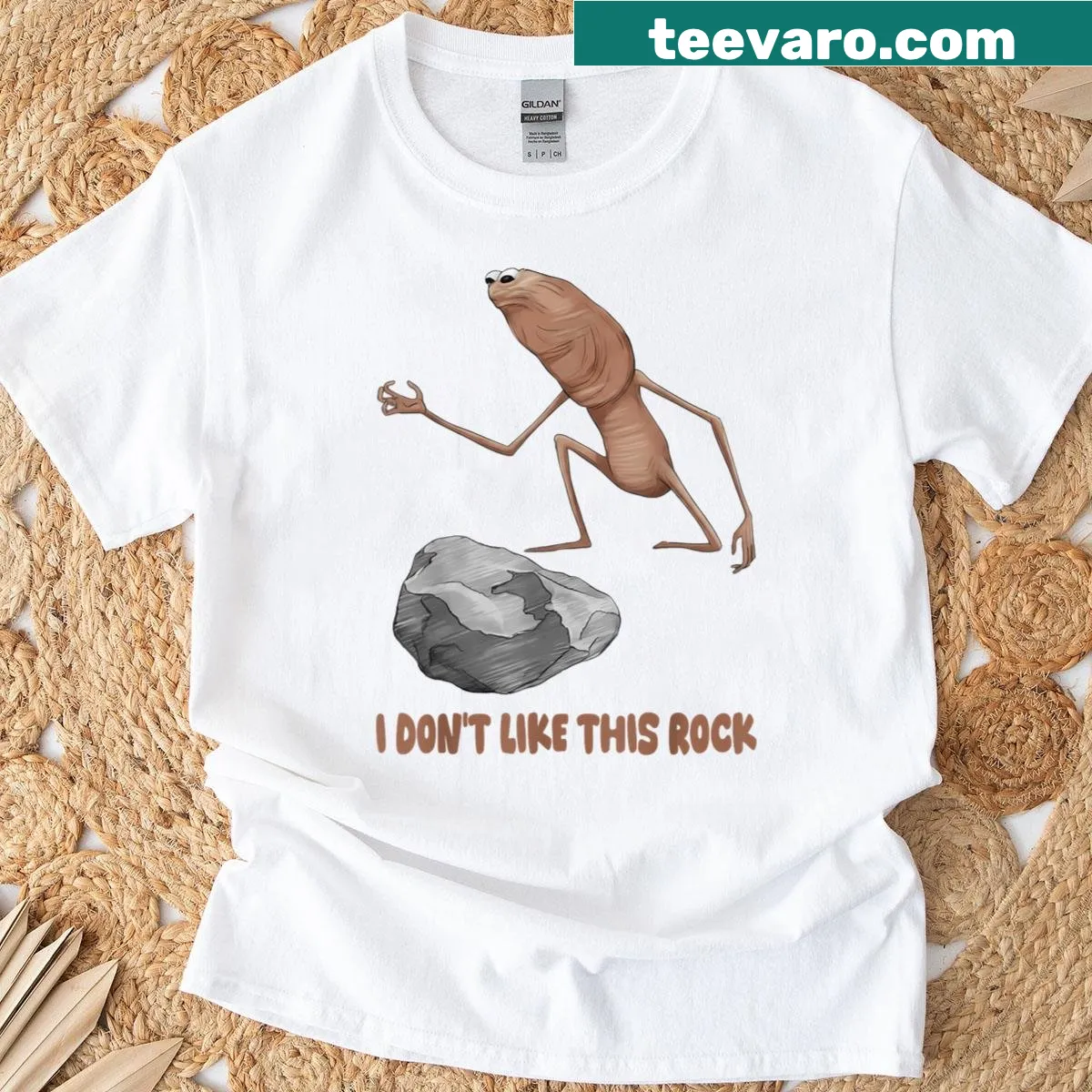 Funny shirt featuring Marcus the Worm and the phrase about rocks — on a men's t-shirt
