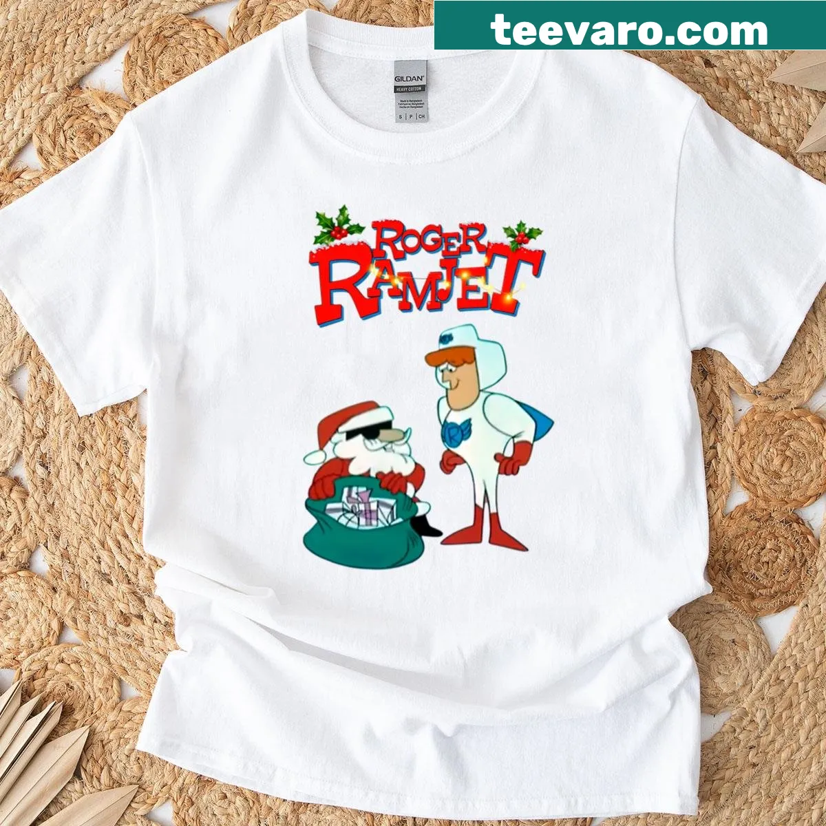 Cartoon-style Christmas shirt featuring Roger Ramjet design — on a men's t-shirt
