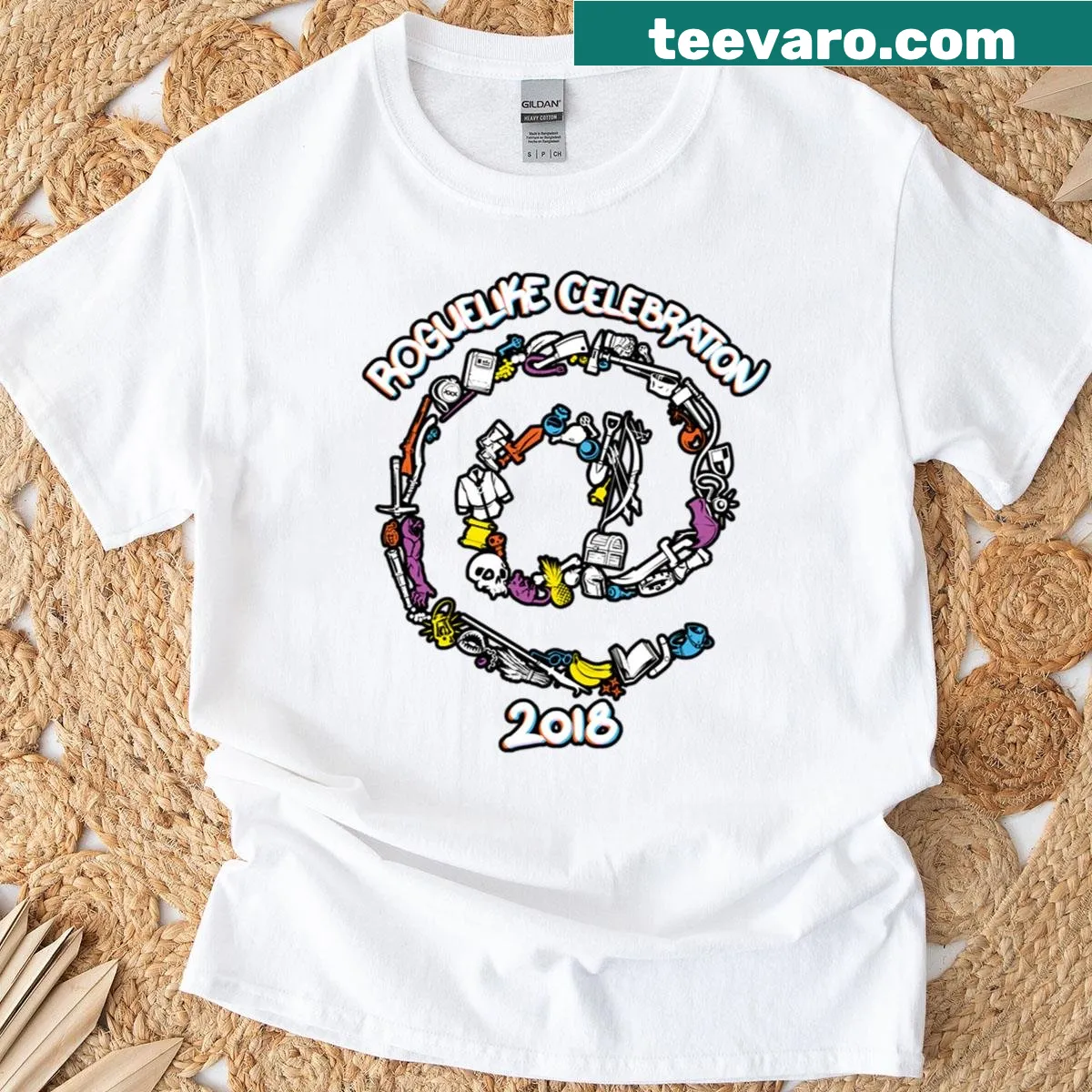 Illustrative t-shirt celebrating roguelike gaming with fun design — on a men's t-shirt