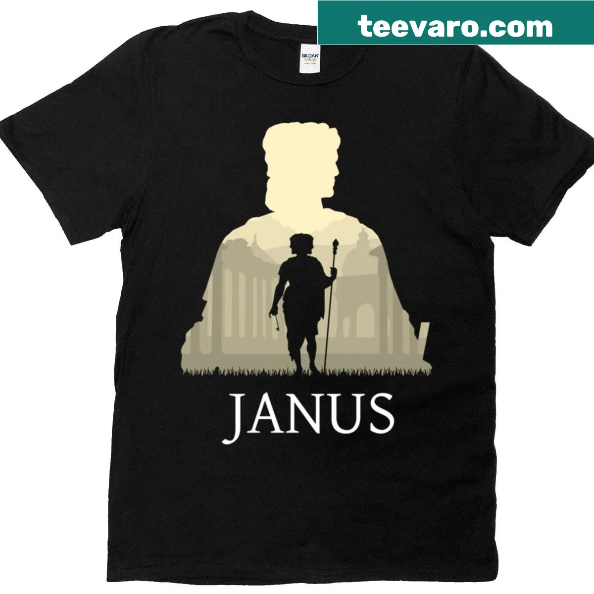 Janus graphic T-shirt with dual-faced illustration — on a men's t-shirt