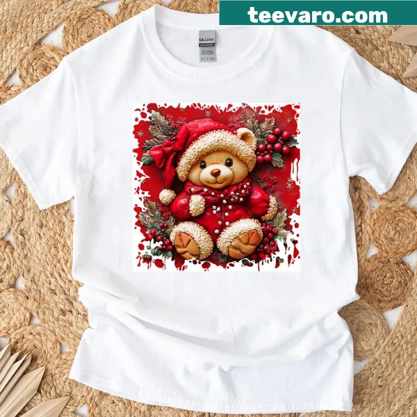 Cute teddy bear in Santa outfit printed on a t-shirt.
