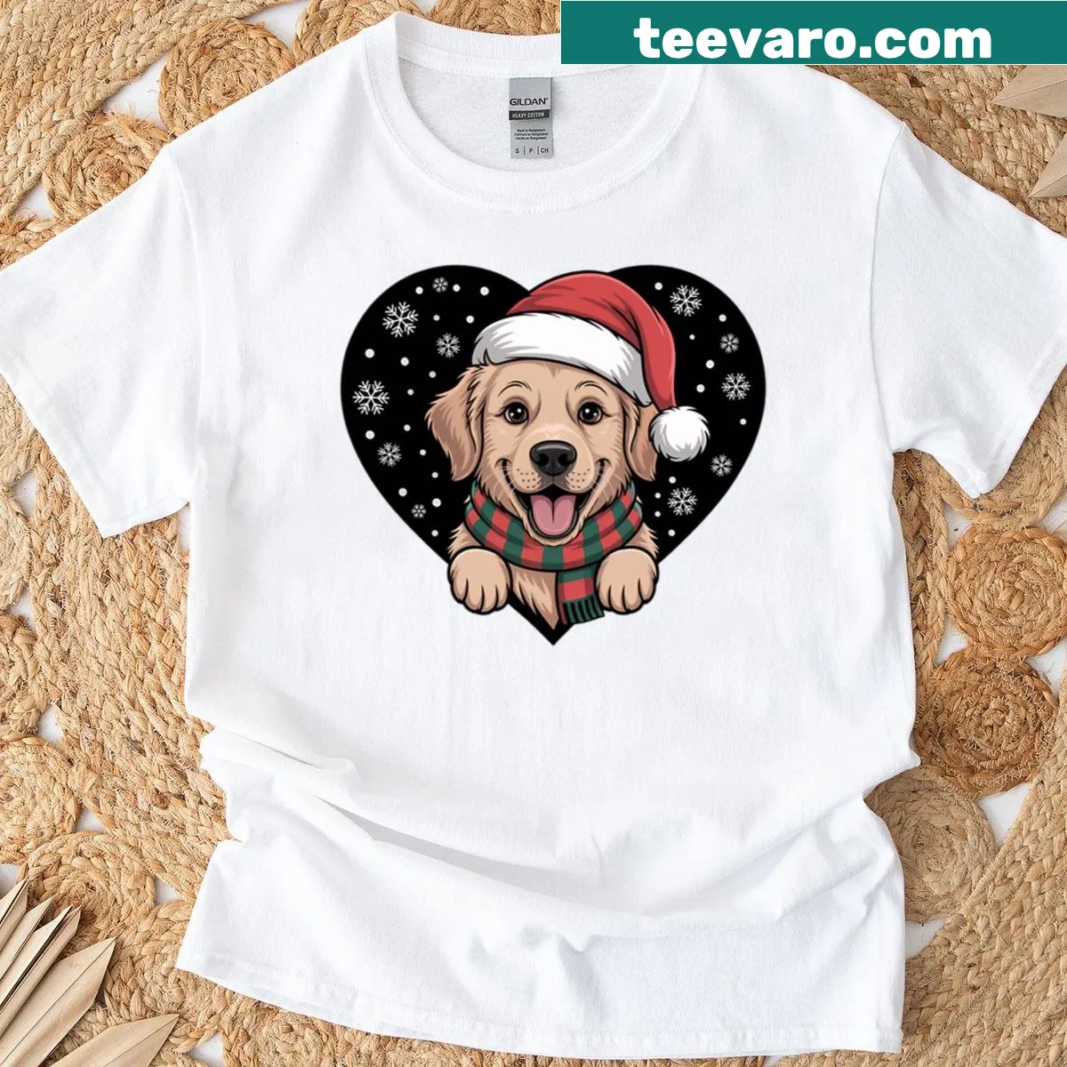 Festive golden retriever in Santa costume on a holiday T-shirt — on a men's t-shirt