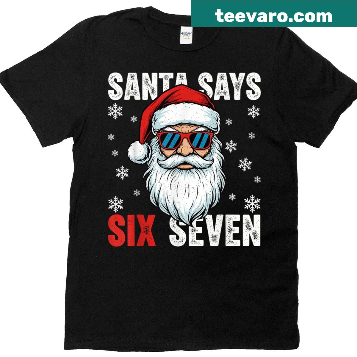 Kids Christmas t-shirt with 'Santa Says Six Seven' meme — on a men's t-shirt