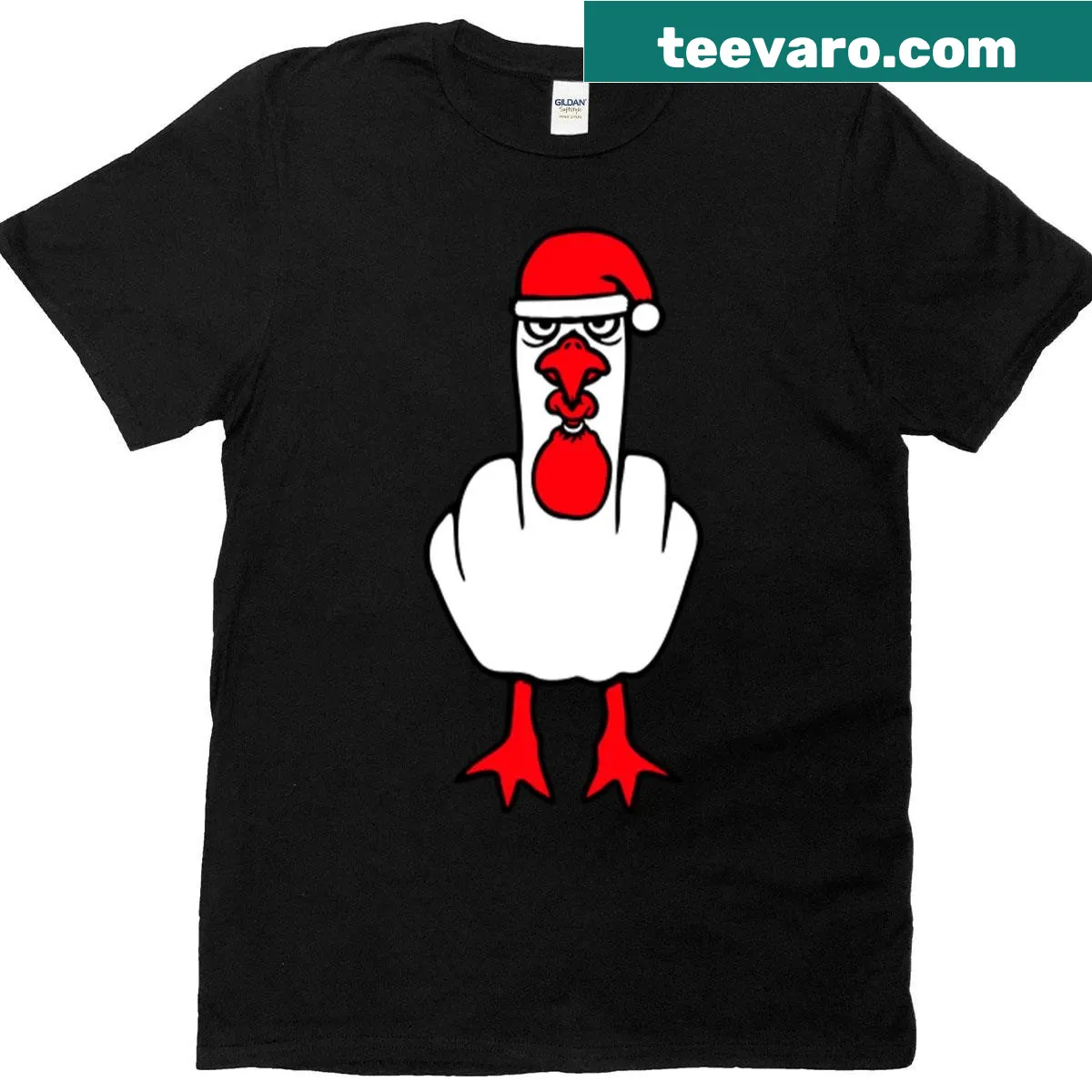 Humorous Christmas shirt featuring a grumpy bird in a Santa hat. — on a men's t-shirt