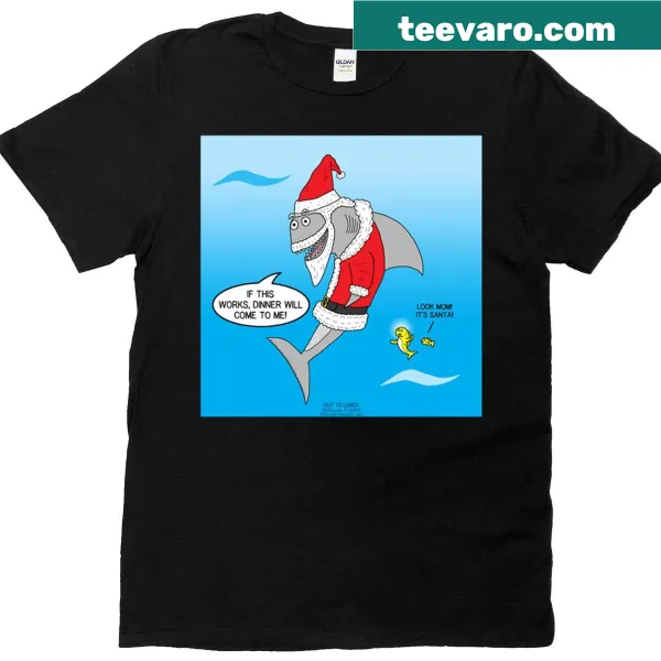 Shark dressed as Santa in a fun holiday shirt design.