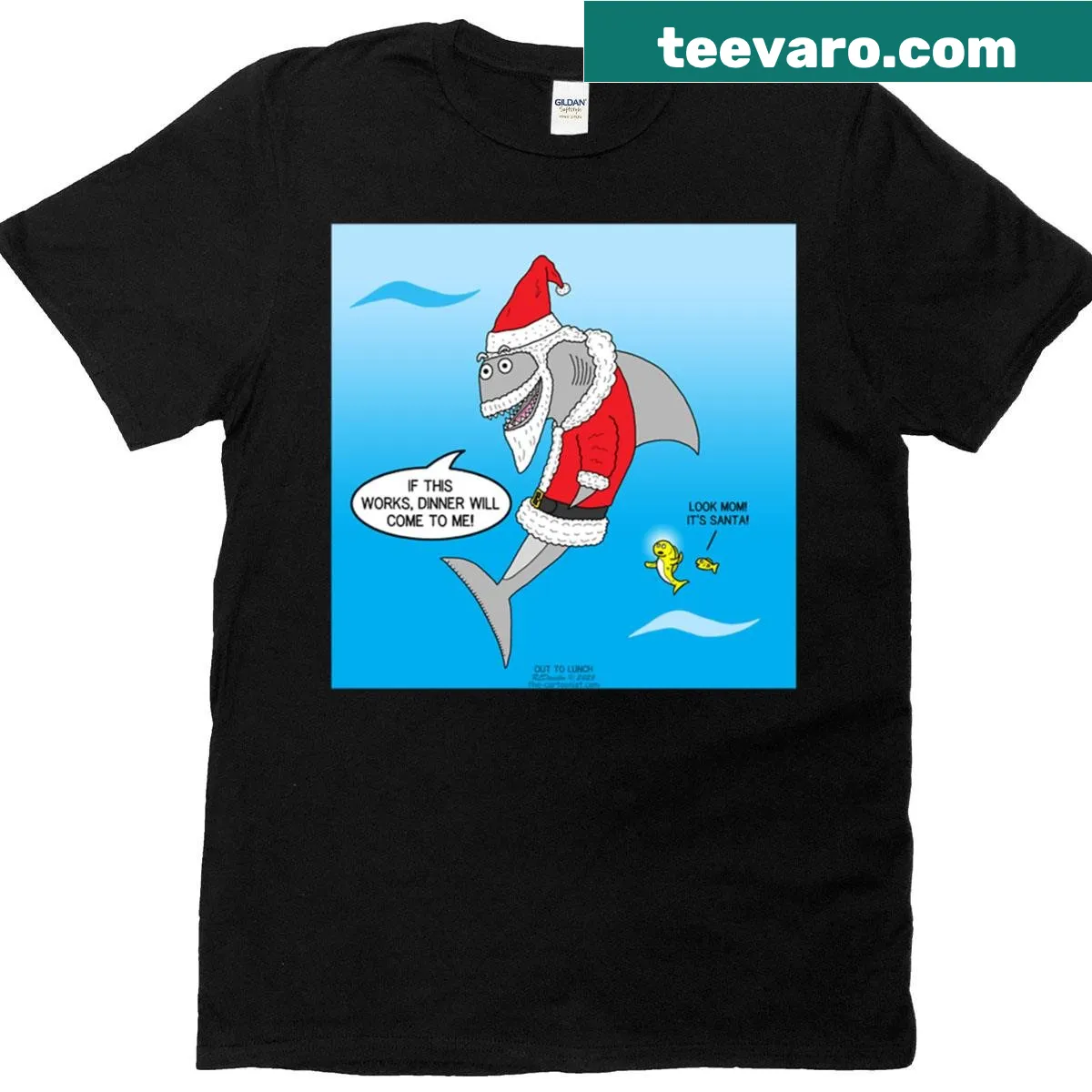 Shark dressed as Santa in a fun holiday shirt design. — on a men's t-shirt