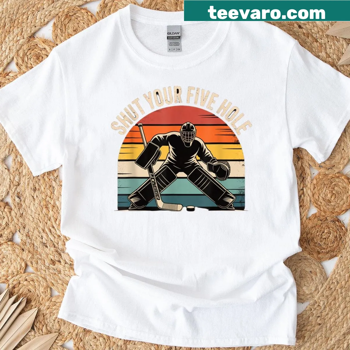 Retro hockey goalie t-shirt with bold text — on a men's t-shirt