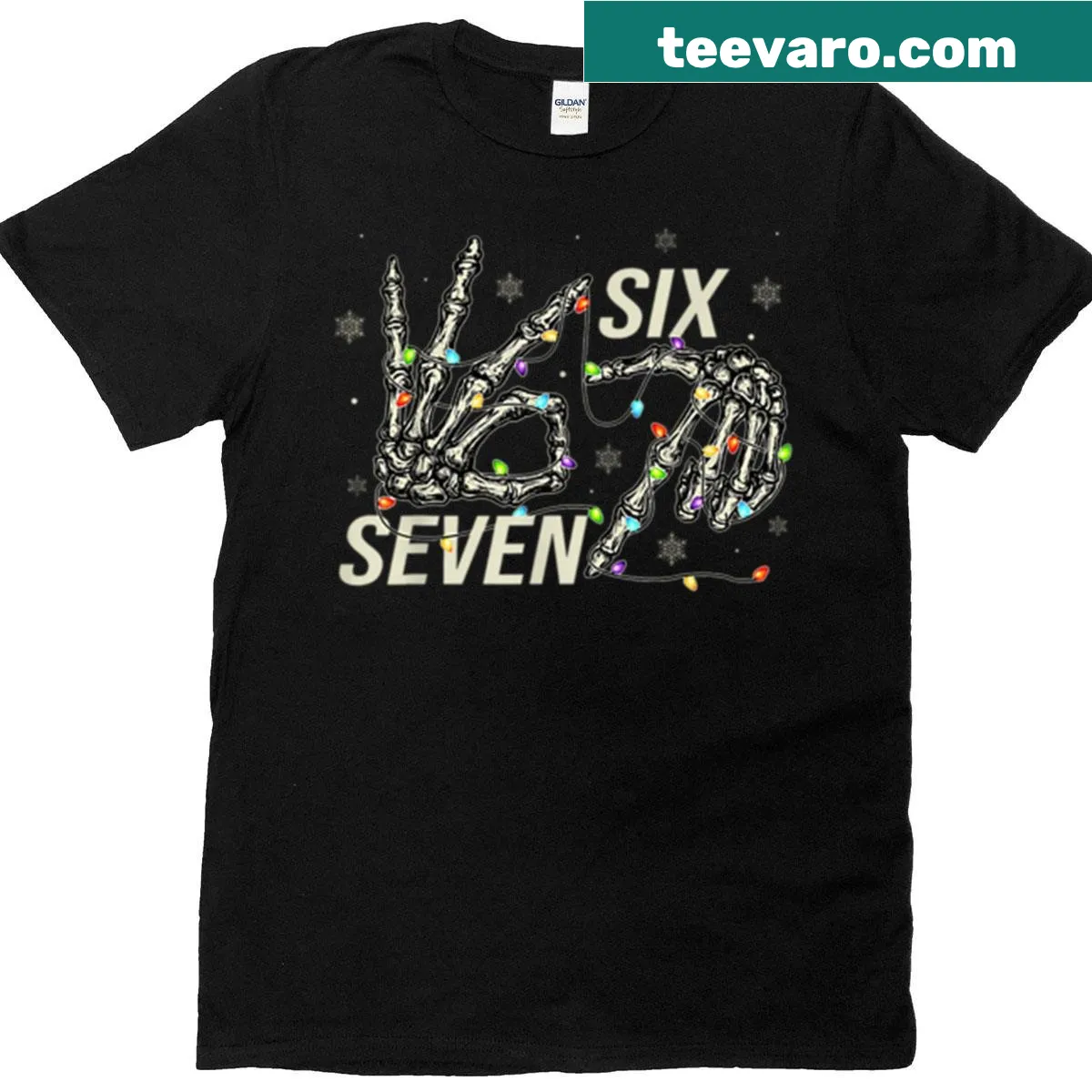 Skeleton hands with Christmas lights design on a humorous T-shirt — on a men's t-shirt