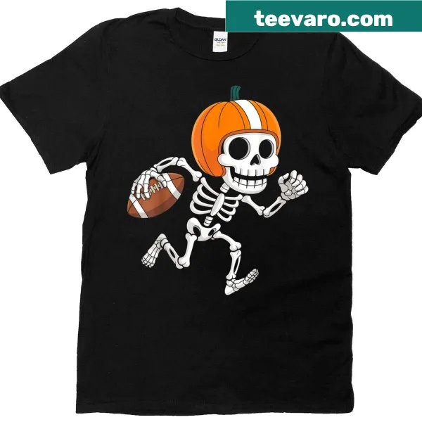 Skeleton football player graphic on Halloween-themed t-shirt