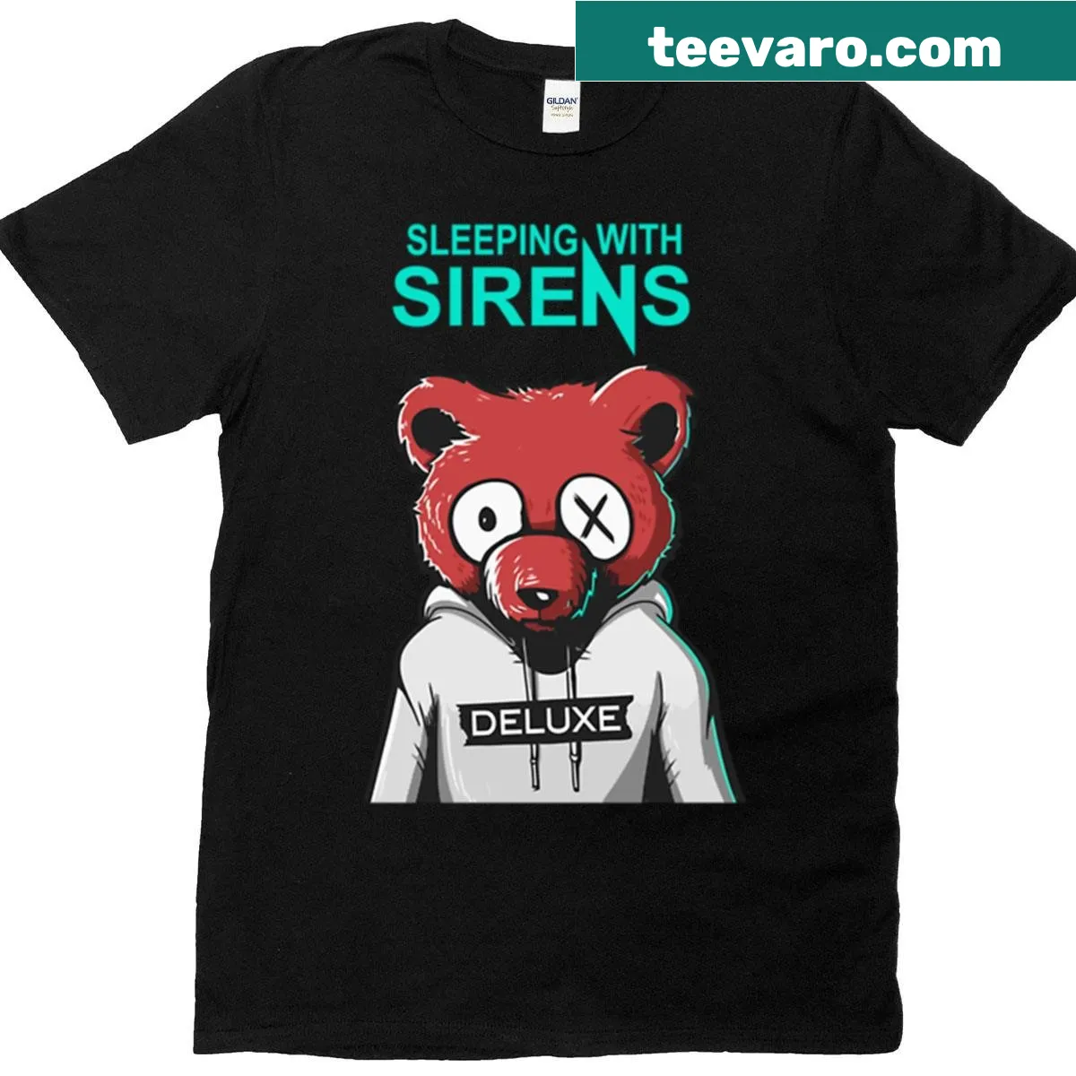 Bold typography T-shirt featuring Sleeping With Sirens band name — on a men's t-shirt