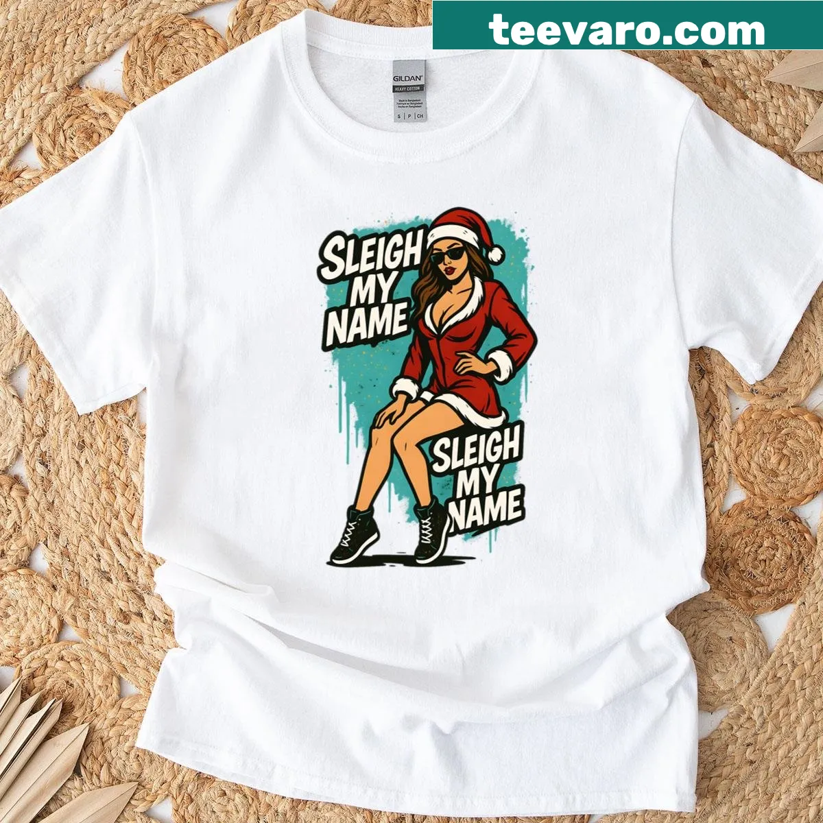 Urban street art Christmas t-shirt with 'Sleigh My Name' design — on a men's t-shirt