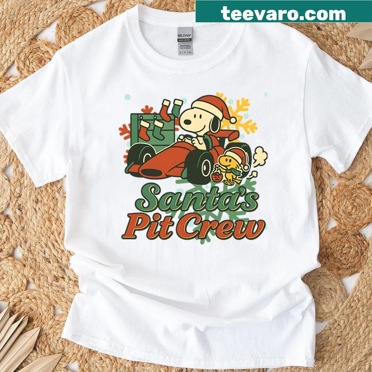 Snoopy racing design T-shirt for Christmas festivities inspired by Peanuts — on a men's t-shirt