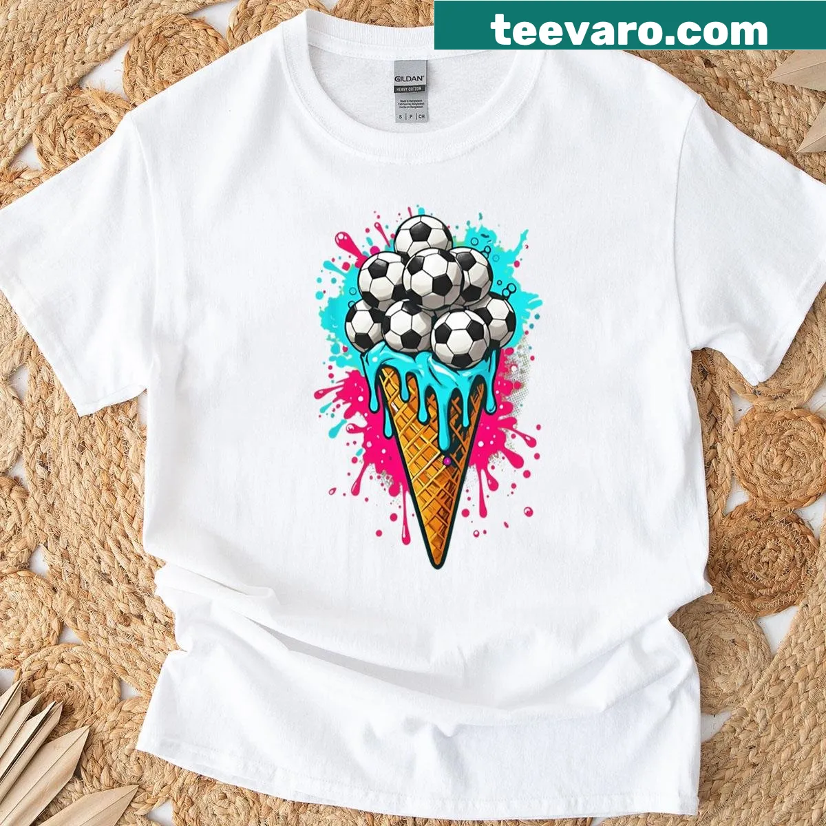 Quirky T-shirt featuring soccer ball and ice cream cone design — on a men's t-shirt
