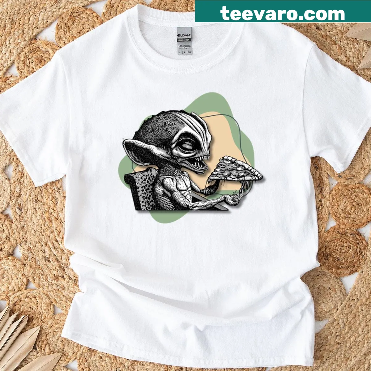 Whimsical space-themed pizza design on a t-shirt. — on a men's t-shirt