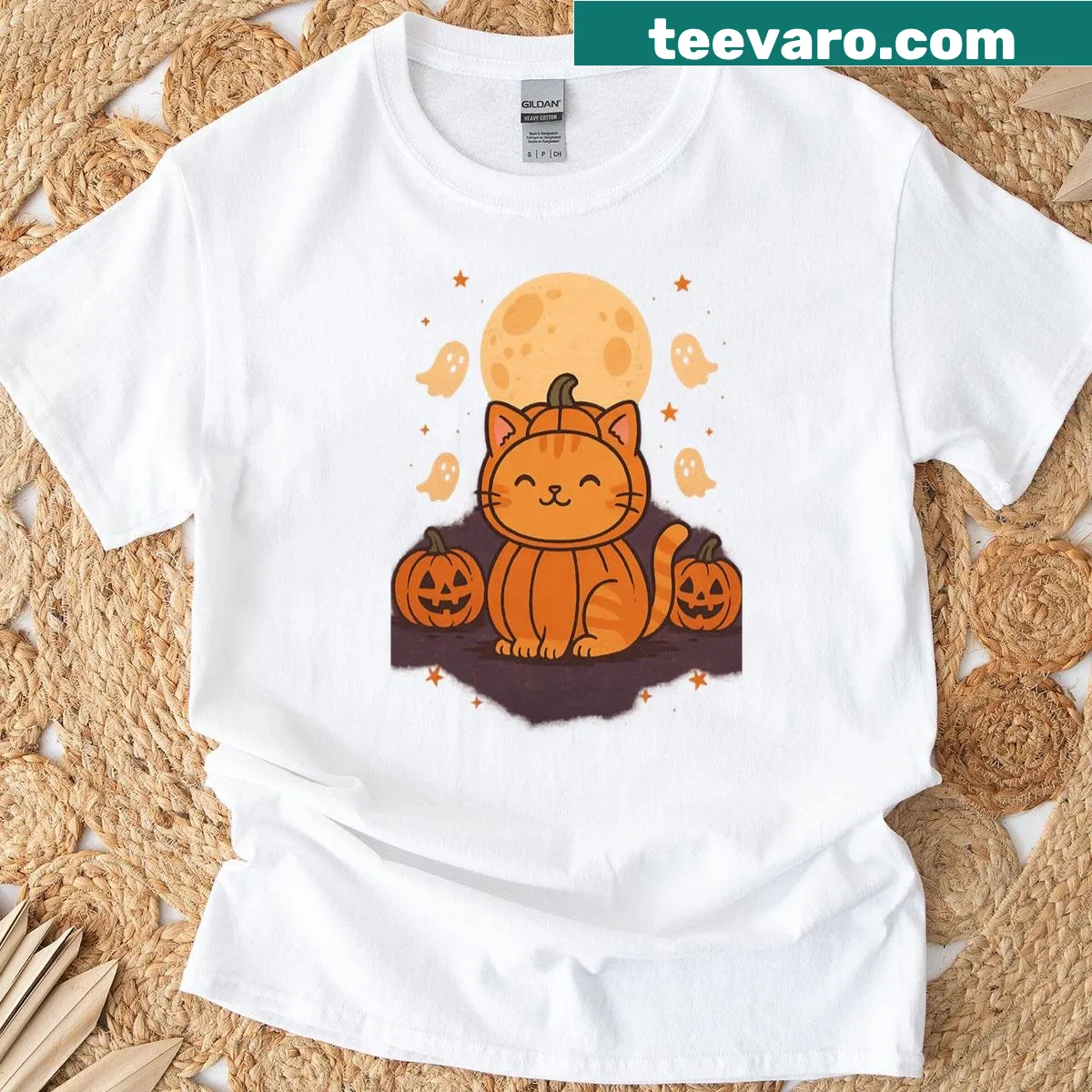Cute Halloween design with a cat and pumpkin under a full moon — on a men's t-shirt