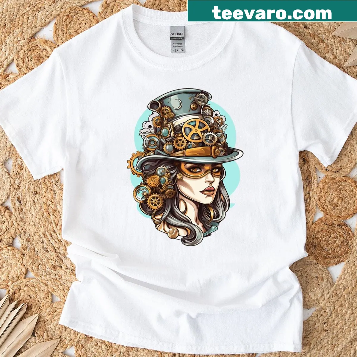 Intricate steampunk clockwork design on a t-shirt. — on a men's t-shirt