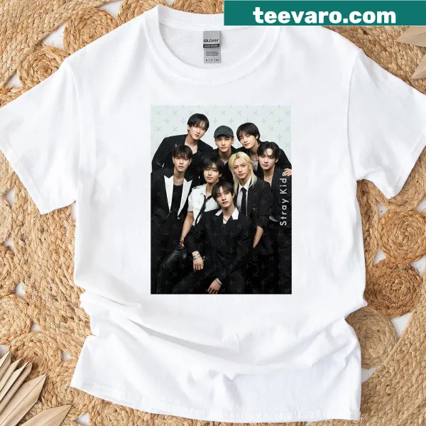 Black and white K-pop shirt with Stray Kids signatures printed.