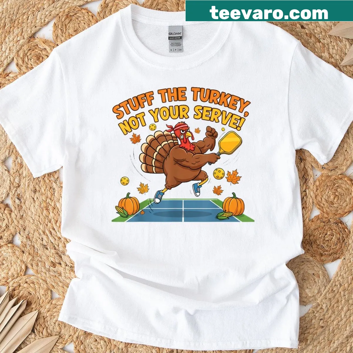 Thanksgiving-themed shirt featuring turkey stuffing and pickleball graphics — on a men's t-shirt