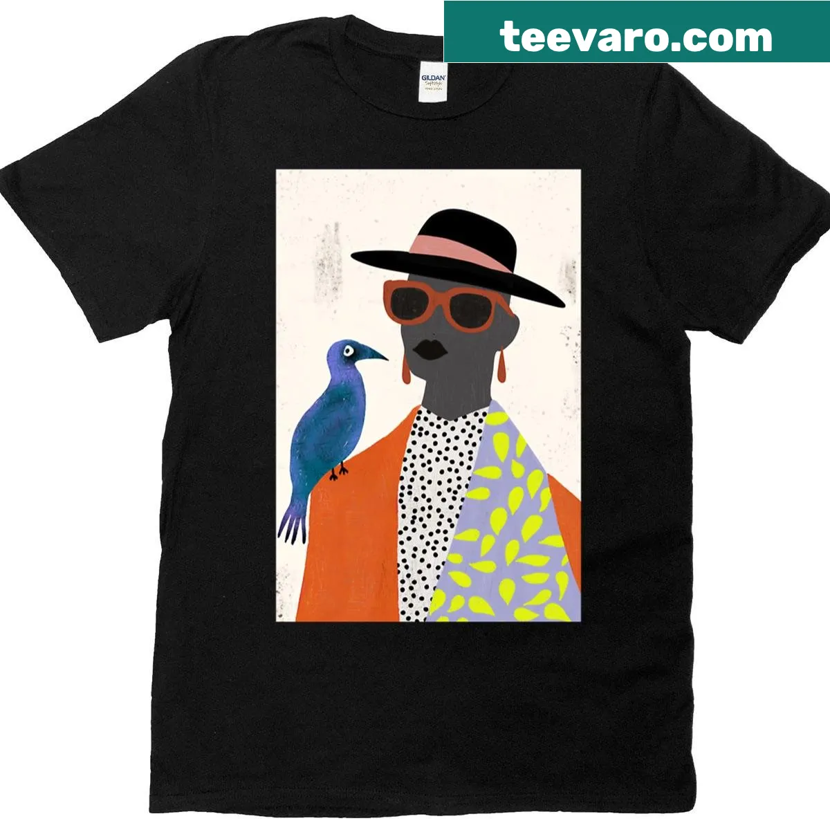 Afro-chic portrait T-shirt featuring a stylish bird lady — on a men's t-shirt
