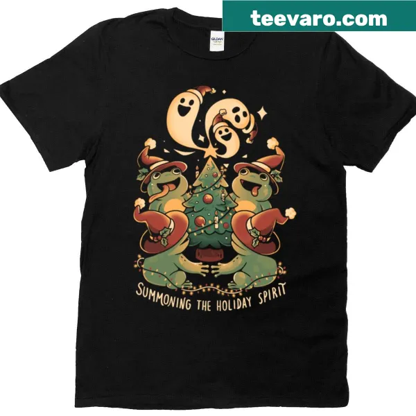Whimsical holiday-themed frogs illustration on a T-shirt