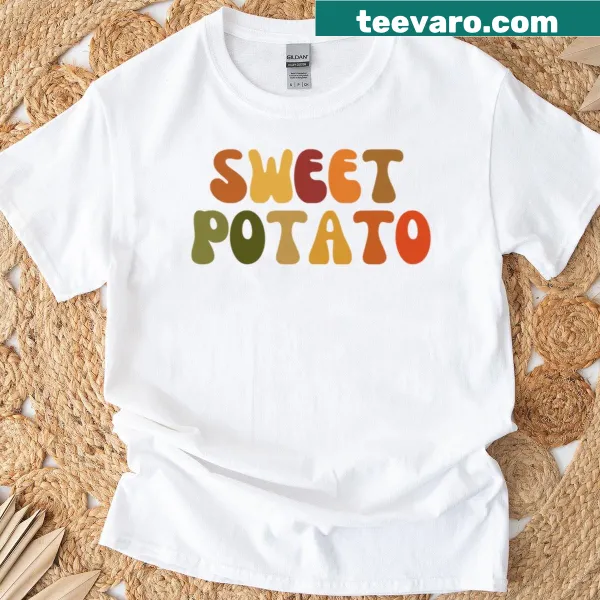 Cartoon sweet potato graphic on a t-shirt for Thanksgiving