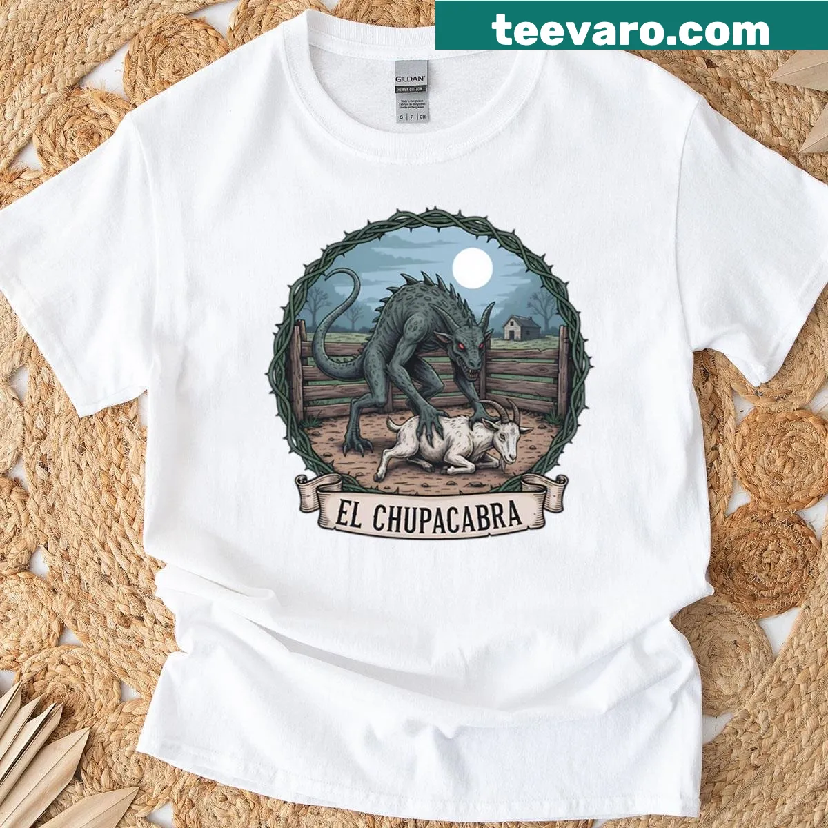 Illustrative Chupacabra t-shirt featuring the legendary goat sucker monster — on a men's t-shirt