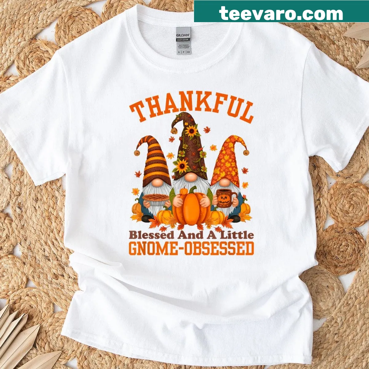Gnome illustration with 'Thankful Blessed' text on a cozy t-shirt — on a men's t-shirt