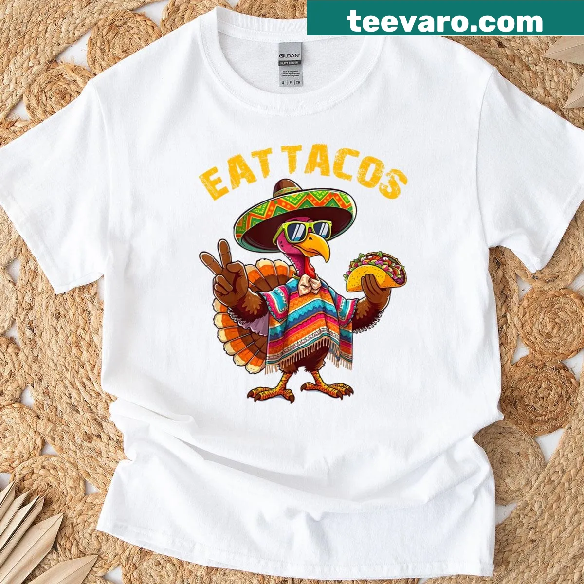 Fun turkey eating tacos illustration for kids — on a men's t-shirt