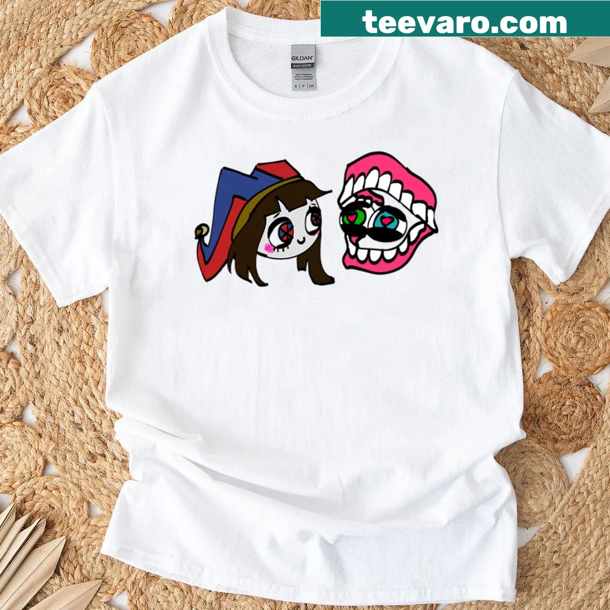 Whimsical T-shirt featuring a digital circus design with playful characters. — on a men's t-shirt