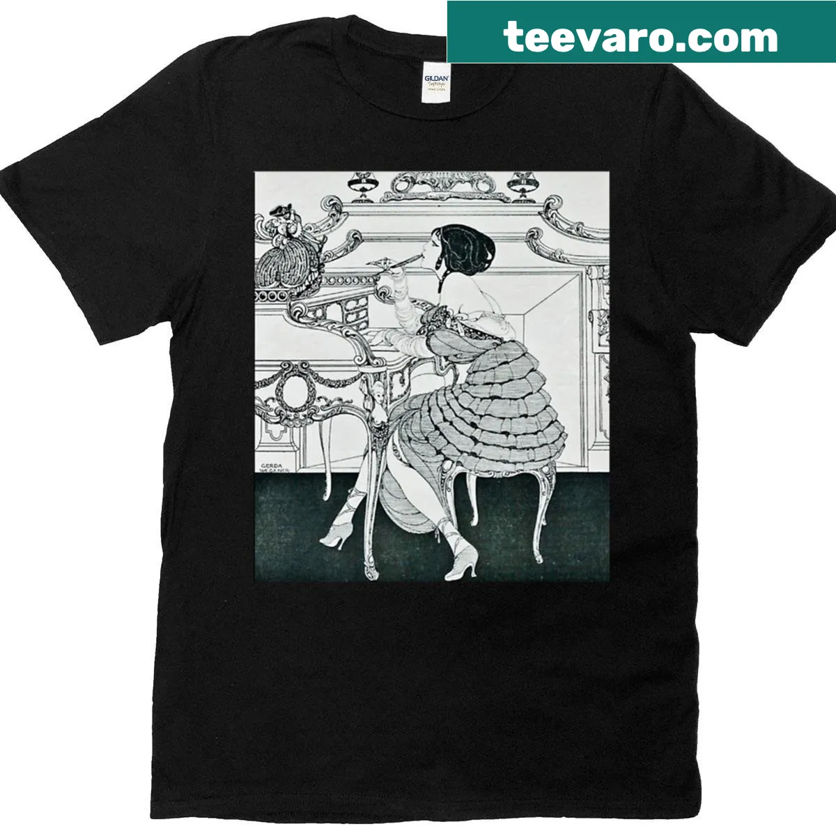 Gerda Wegener illustration T-shirt featuring vintage Parisian design — on a men's t-shirt