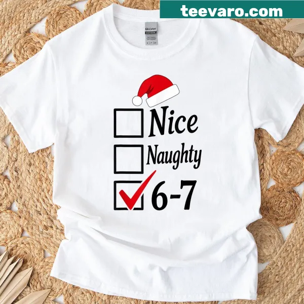 Funny Christmas T-shirt with 'Trendy 6-7 Meme Nice Naughty 67' text