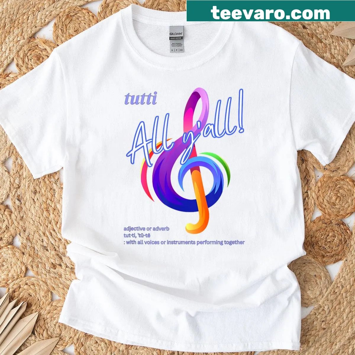 Hand-lettered musician t-shirt with treble clef and definition — on a men's t-shirt