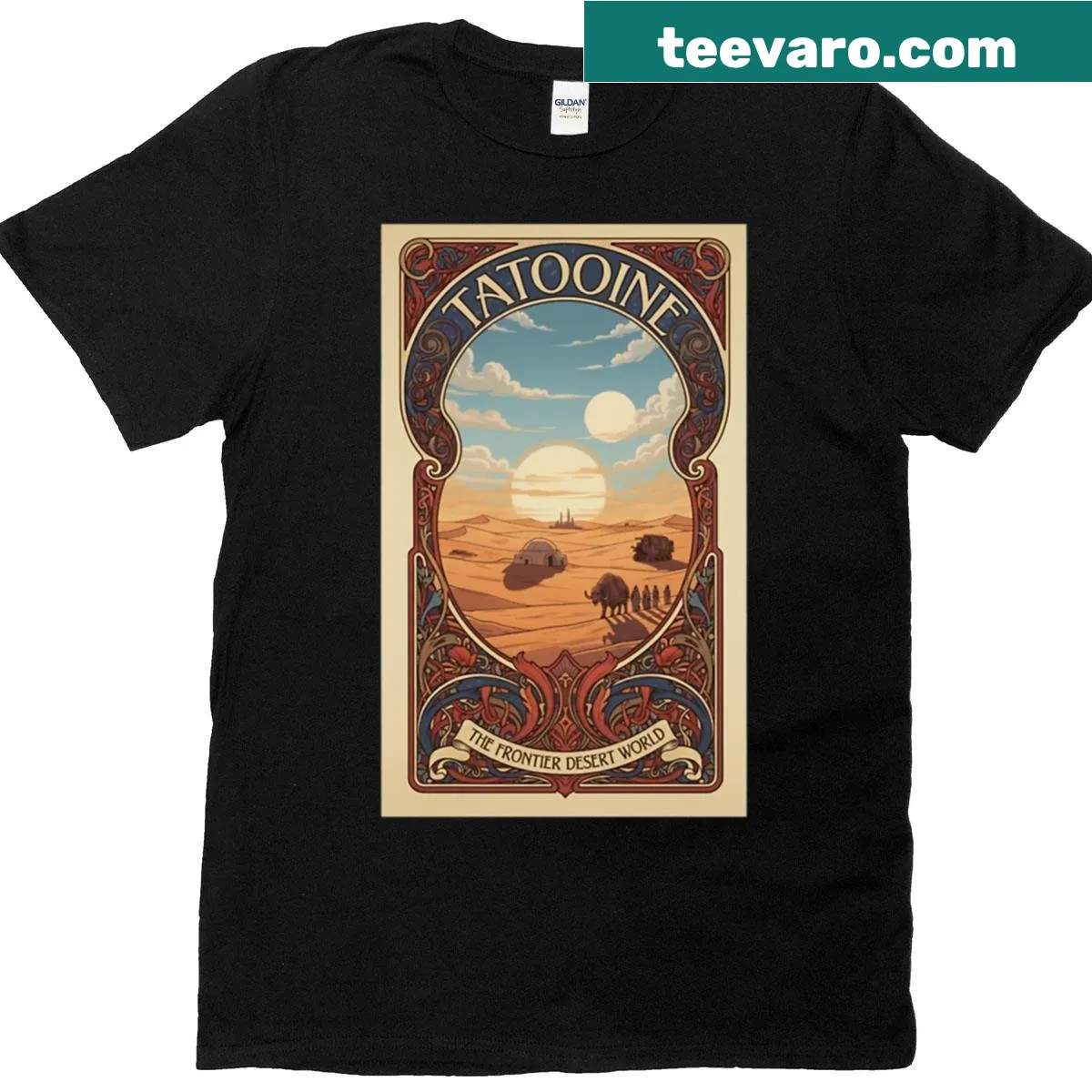 Vintage sci-fi travel poster of twin suns over a desert. — on a men's t-shirt