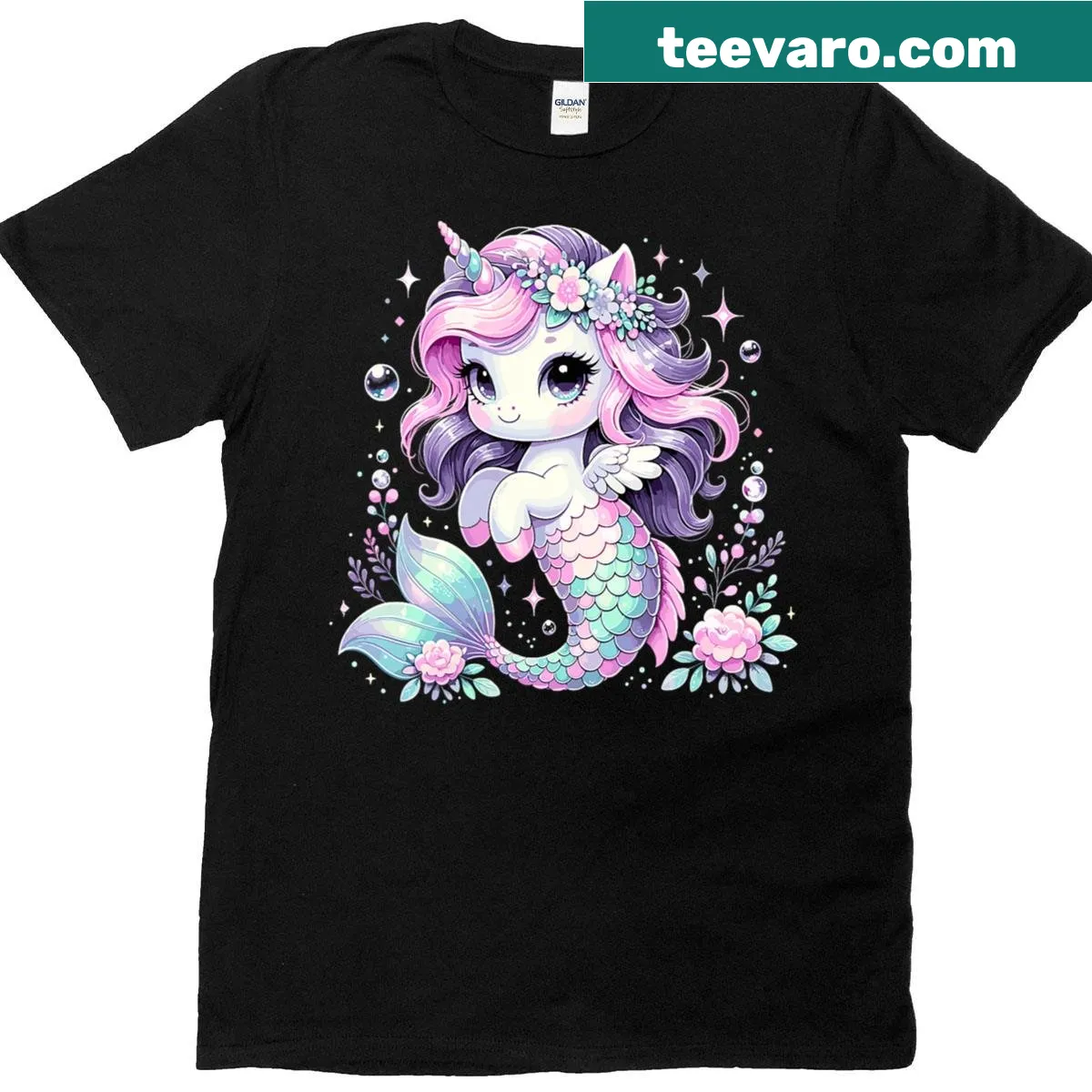 Adorable Mermicorn illustration perfect for birthday celebrations — on a men's t-shirt