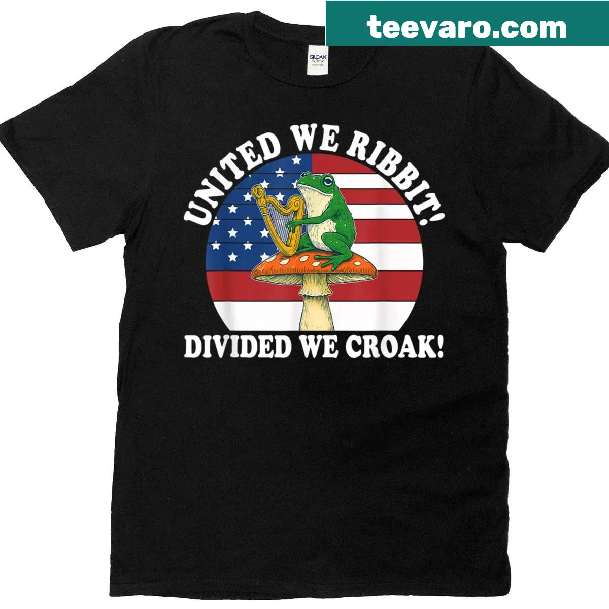 Punny frog design T-shirt with the phrase 'United We Ribbit' — on a men's t-shirt
