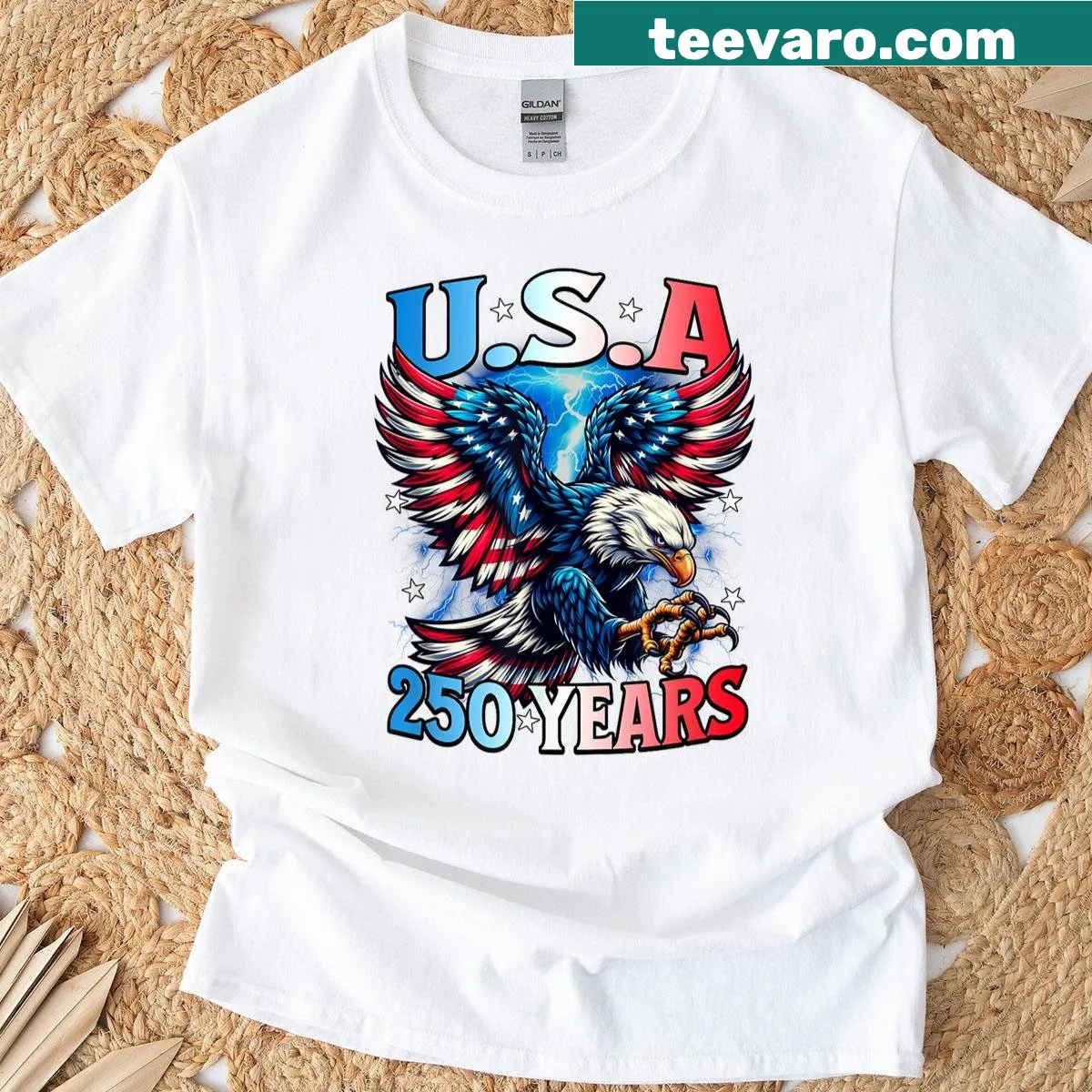 Patriotic t-shirt with eagle emblem celebrating 250th anniversary — on a men's t-shirt