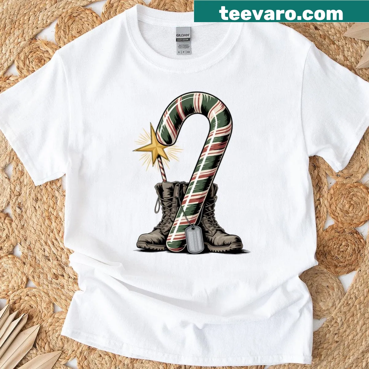 Veteran-themed T-shirt with camo boots and candy canes design — on a men's t-shirt