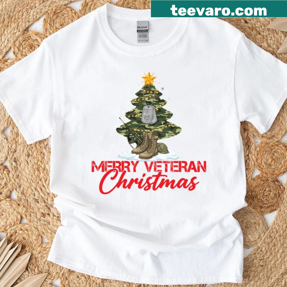 Christmas T-shirt with camo tree and boots design for veterans — on a men's t-shirt