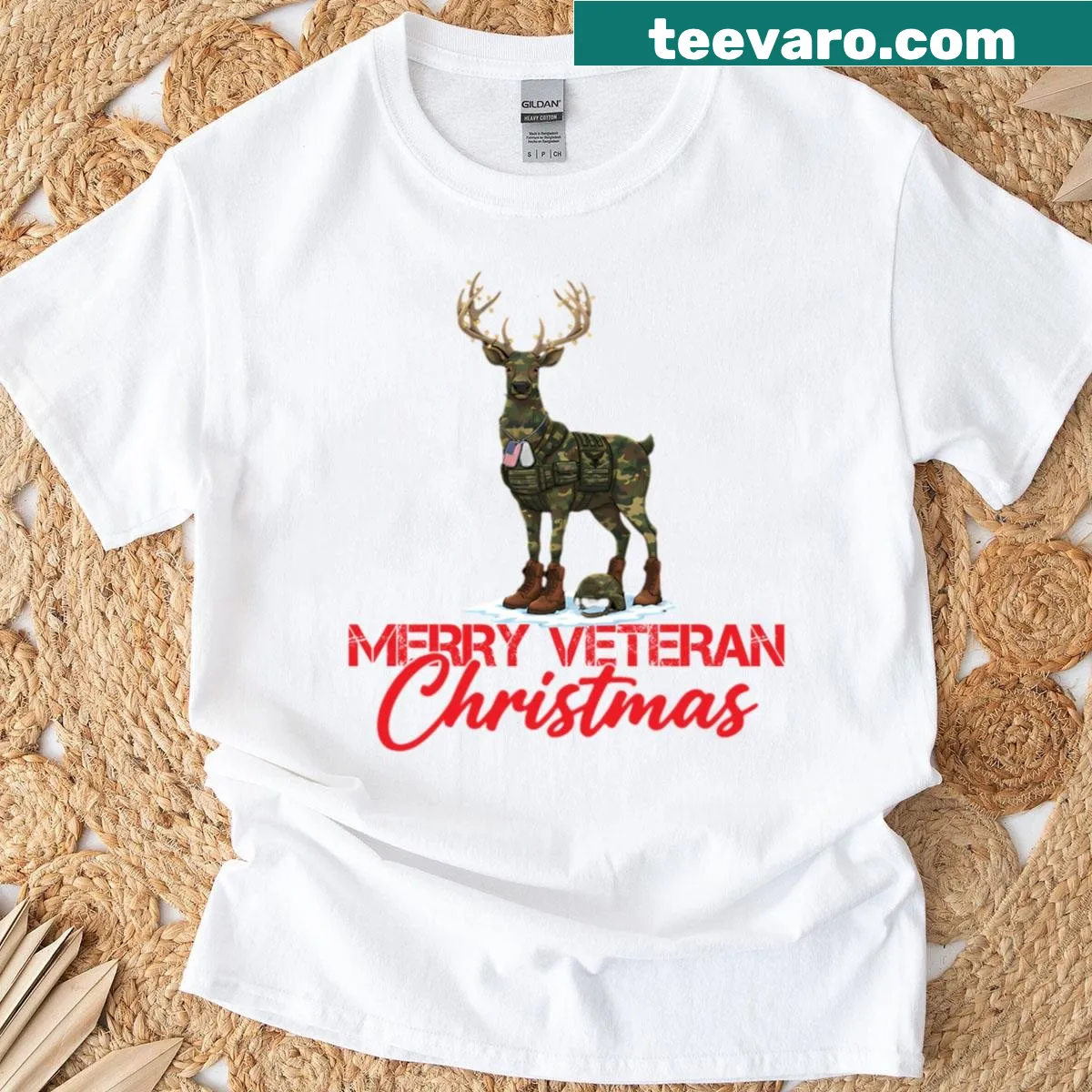 Reindeer in camo boots for Christmas, honoring veterans. — on a men's t-shirt