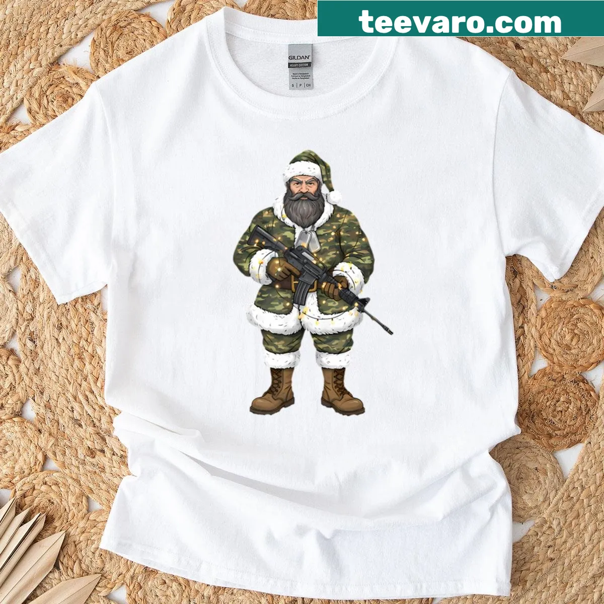 Santa in camouflage boots for a unique Christmas T-shirt. — on a men's t-shirt