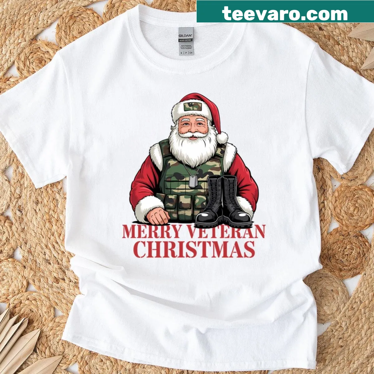 Santa in camo boots for Christmas, honoring veterans. — on a men's t-shirt