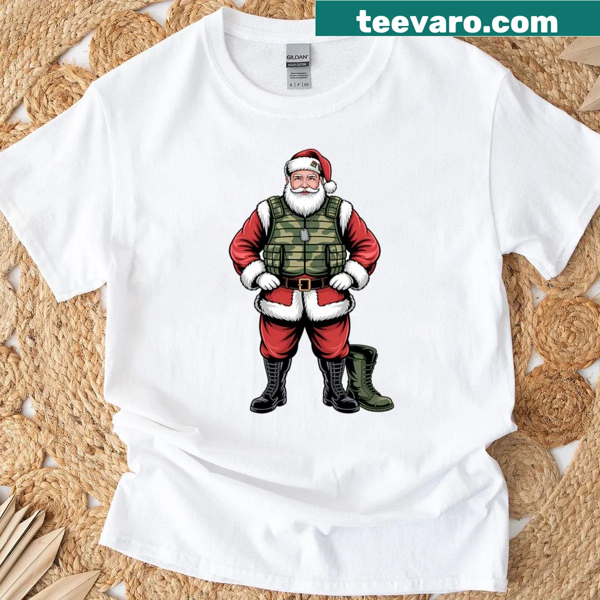Patriotic Santa in camouflage boots for Christmas T-shirt. — on a men's t-shirt